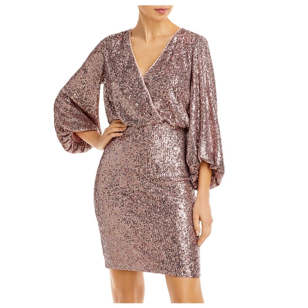 Eliza J Mauve Pink Cocktail Dress Sequined Long Sleeved V-Neck Sheath Size 6